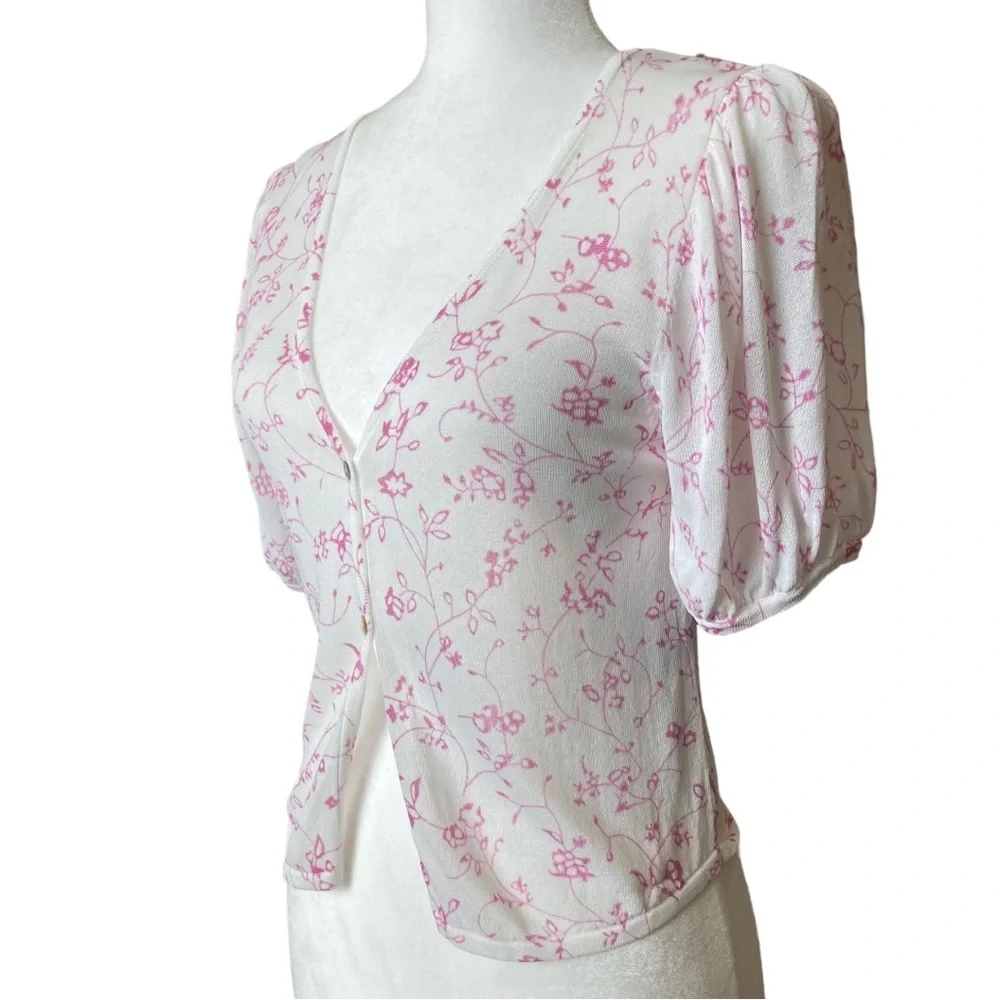 NWT Zara Women's puff short sleeve white floral open front cardigan, Sz L